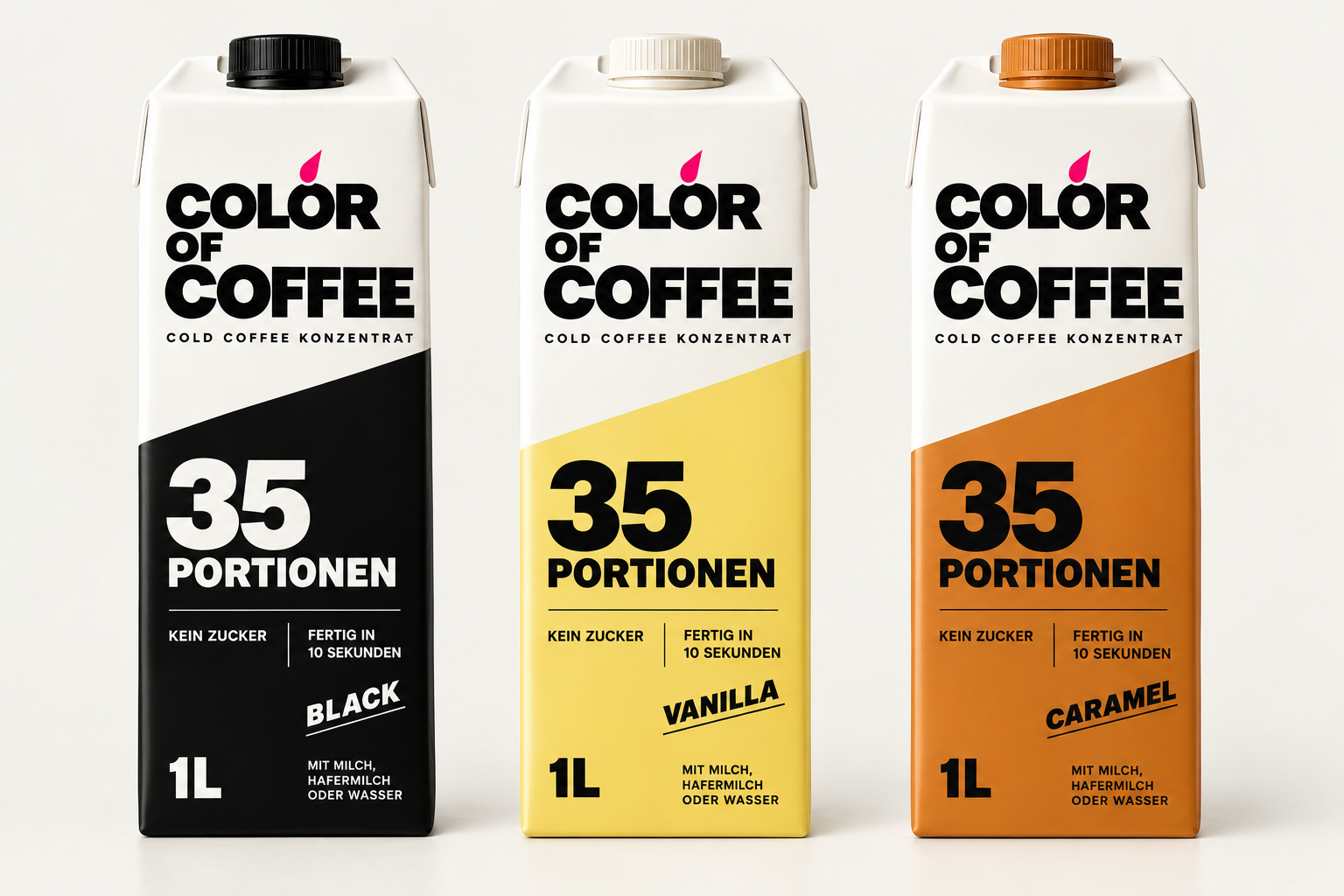 Color of Coffee Konzentrat in den Sorten Black, Vanilla und Caramel