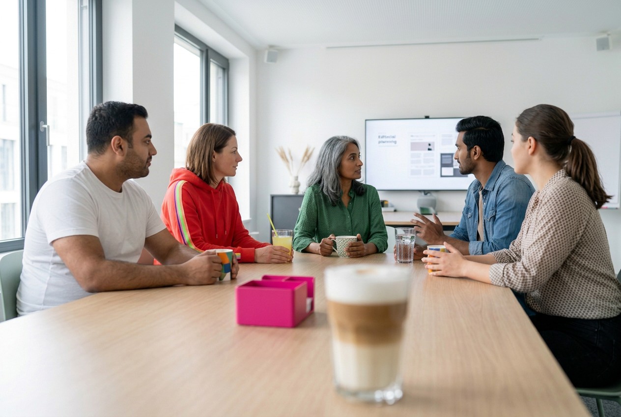 Diverses Team mit unterschiedlichen Getränken blickt auf einen Präsentationsbildschirm, vorne steht ein großer Latte Macchiato