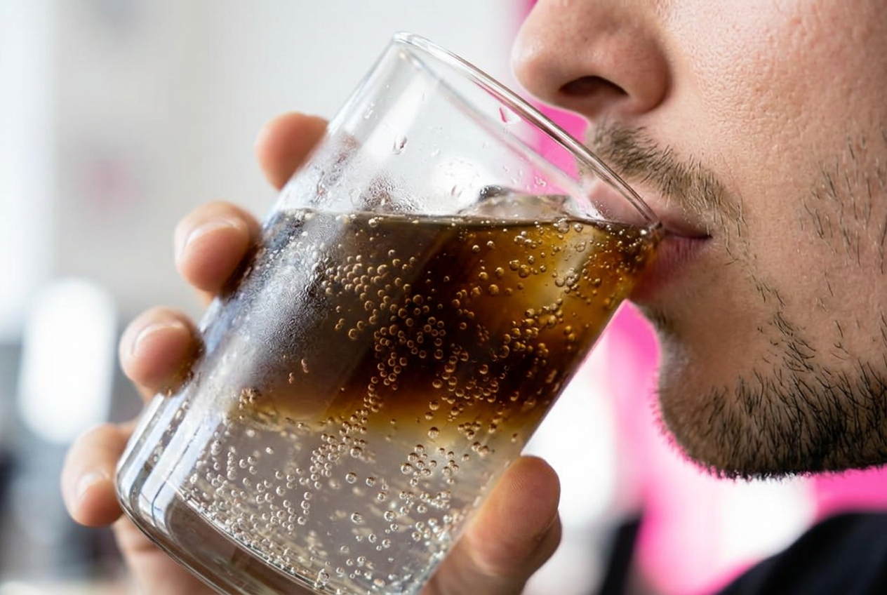 Nahaufnahme eines sprudelnden Coffee Tonics beim Trinken